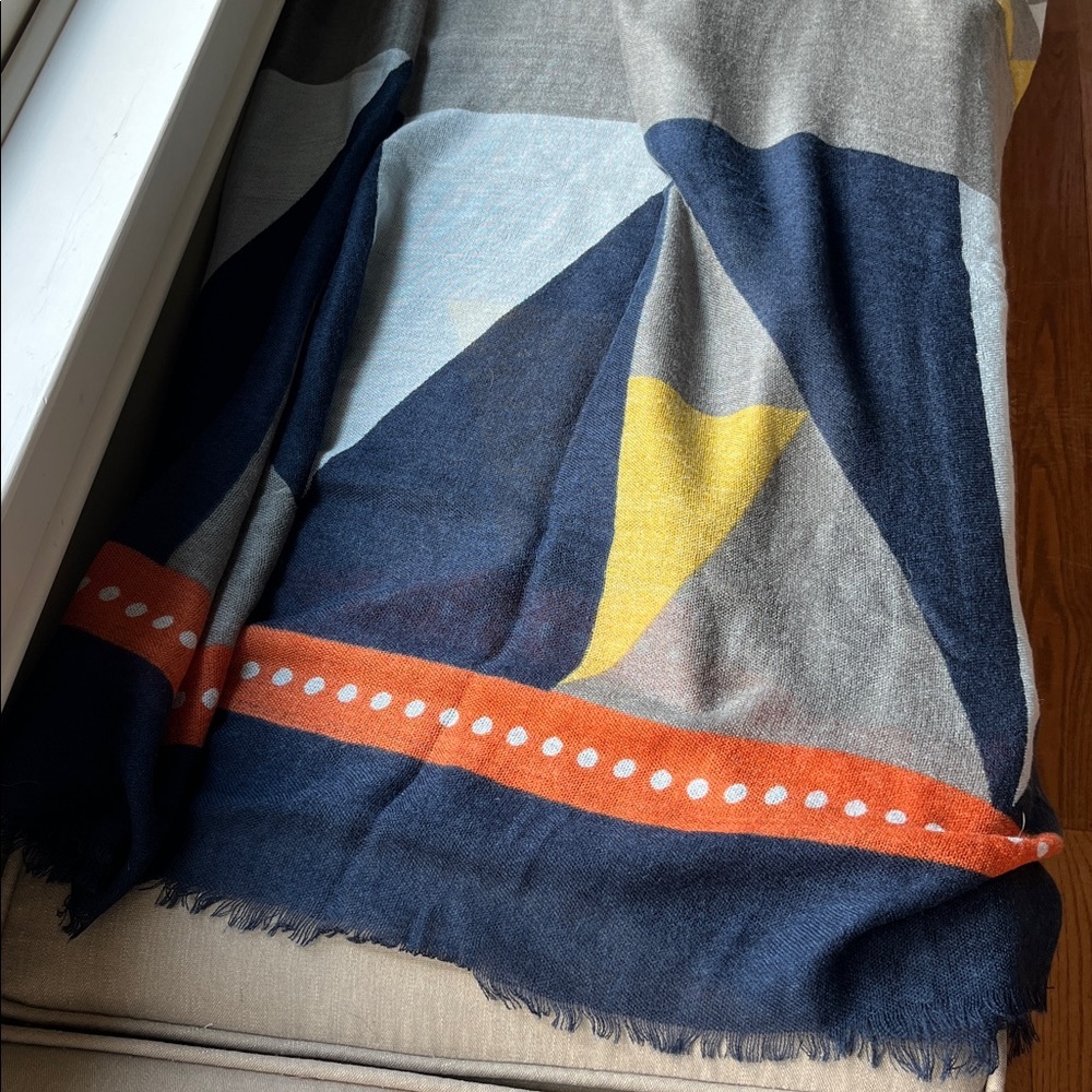Geometric Pattern Scarf Wrap in Navy, Gray, Yellow & Orange NEW - Picture 7 of 7